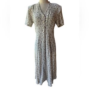 1980s R.J. Stevens by Carol Escritor 100% Rayon Light Beige Ditsy Floral Maxi Dr
